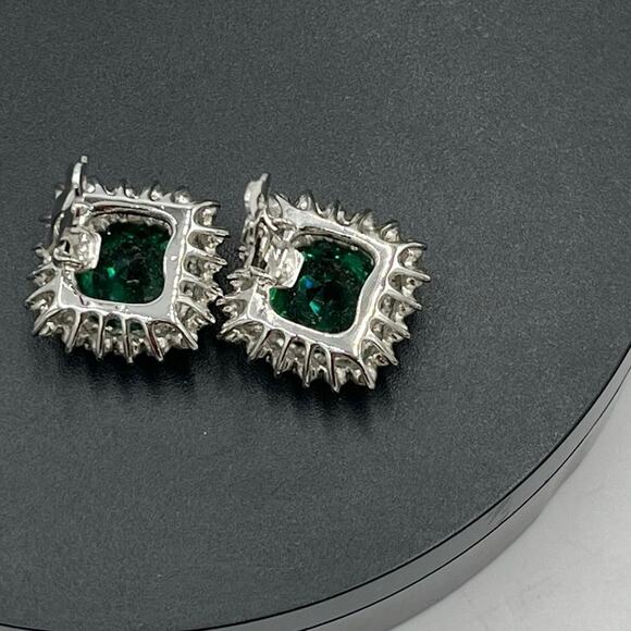 Green Prong Set Rhinestone Open Back Stacked Halo Silver Tone Clip on Earrings - Picture 6 of 7